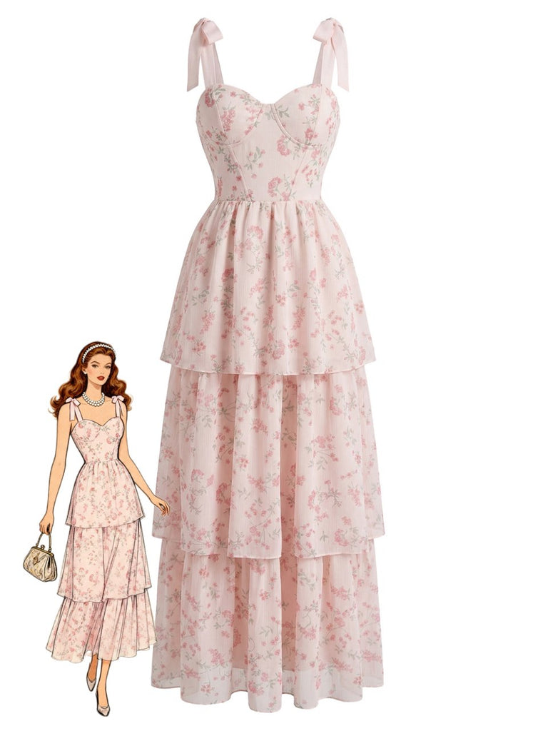 Robe Floral Fishbone Layered Tie Strap en Filet Midi Rose Années 1940