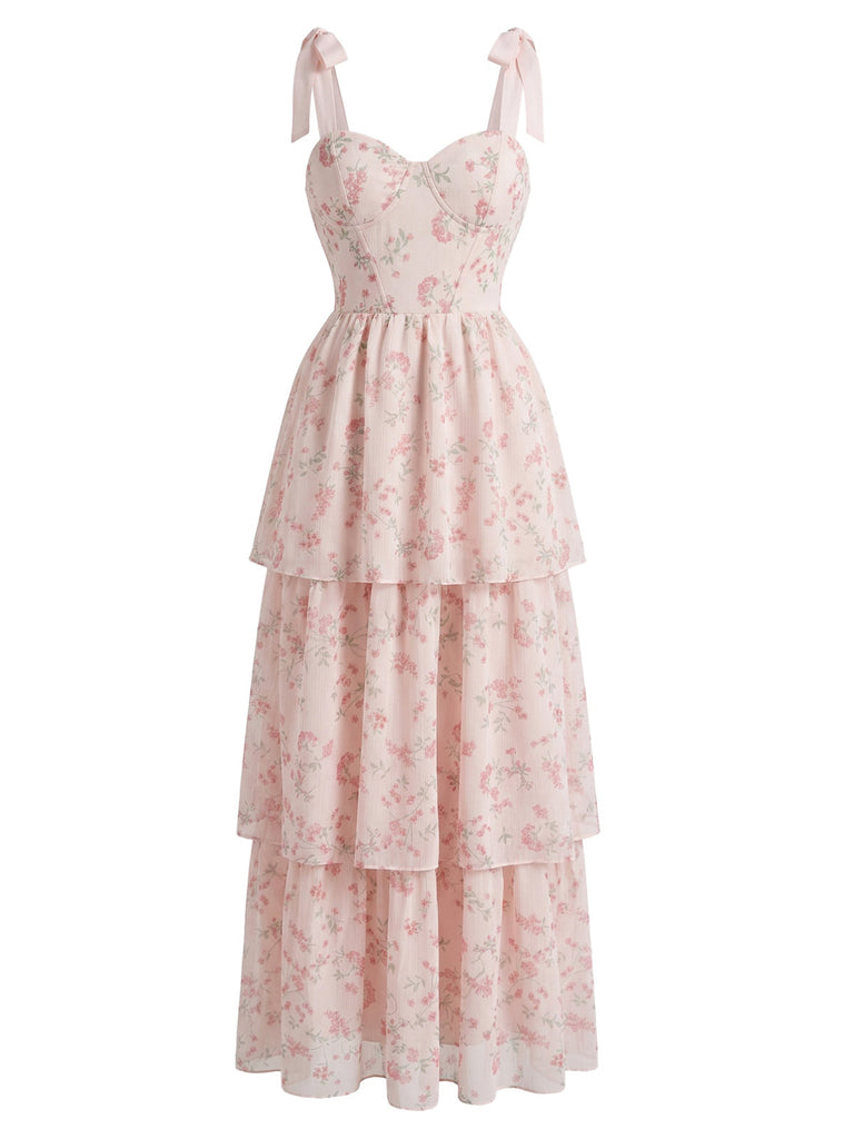Robe Floral Fishbone Layered Tie Strap en Filet Midi Rose Années 1940 2