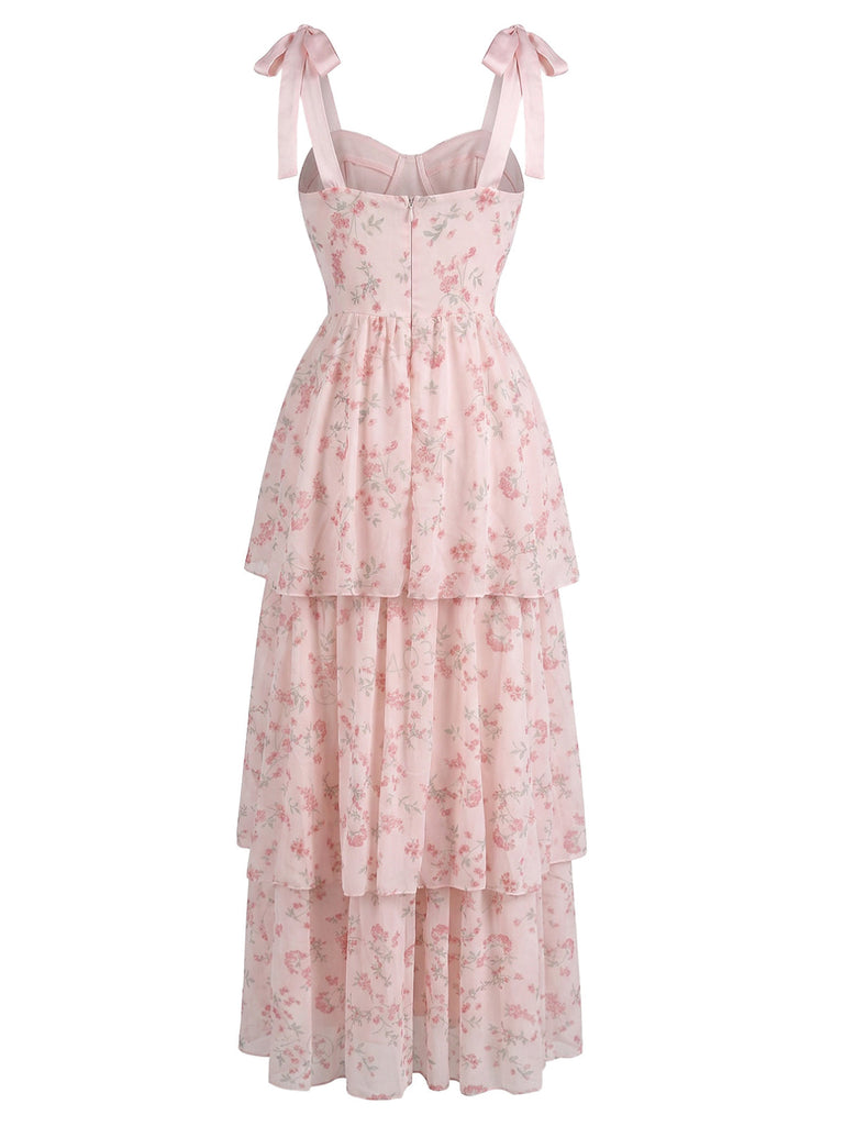 Robe Floral Fishbone Layered Tie Strap en Filet Midi Rose Années 1940 3
