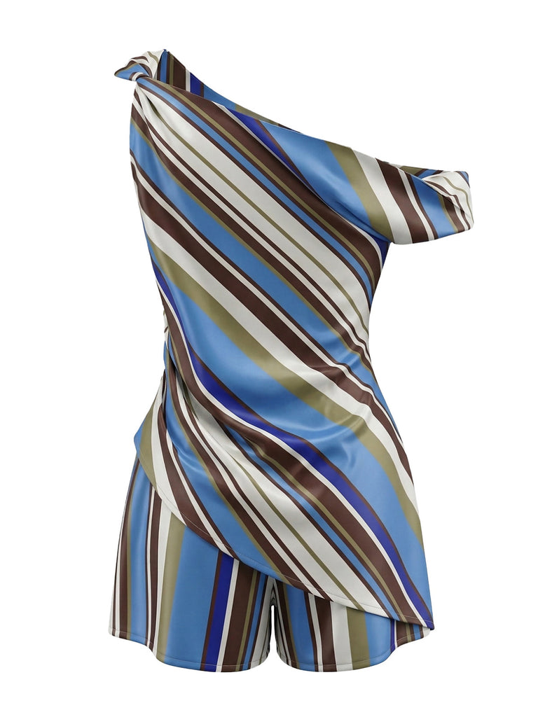 Ensemble 2 Pièces 2PCS Colorblock Rayé One-Shoulder & Shorts Années 1940 3