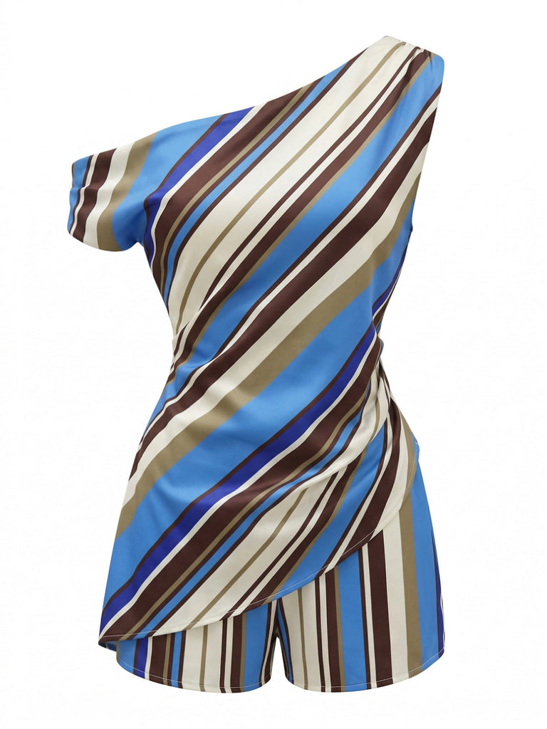 Ensemble 2 Pièces 2PCS Colorblock Rayé One-Shoulder & Shorts Années 1940 2