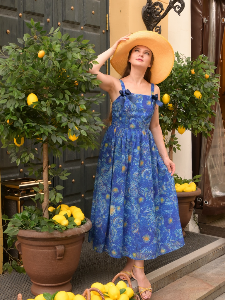 Robe Swing Bleue Imprimé La Nuit Étoilée Van Gogh Années 40