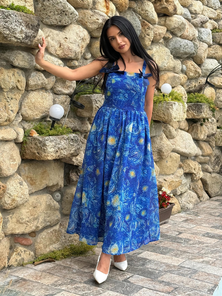 Robe Swing Bleue Imprimé La Nuit Étoilée Van Gogh Années 40