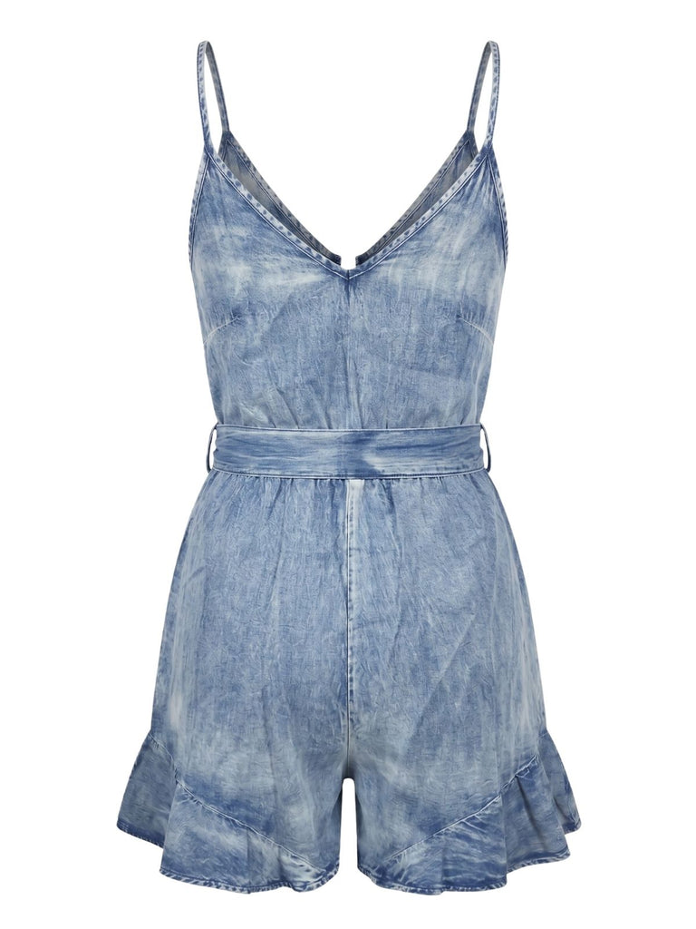 Combishort en Denim Vintage Buttoned Tie-Waist à Volants Années 1950 2