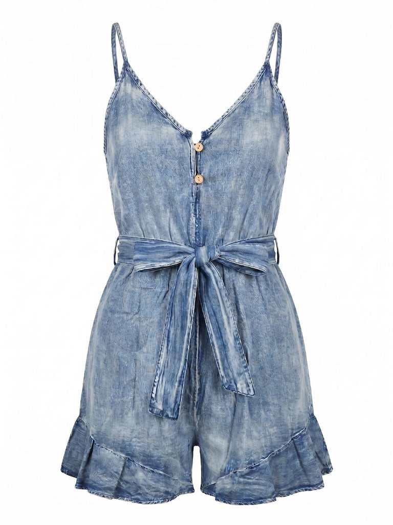 Combishort en Denim Vintage Buttoned Tie-Waist à Volants Années 1950