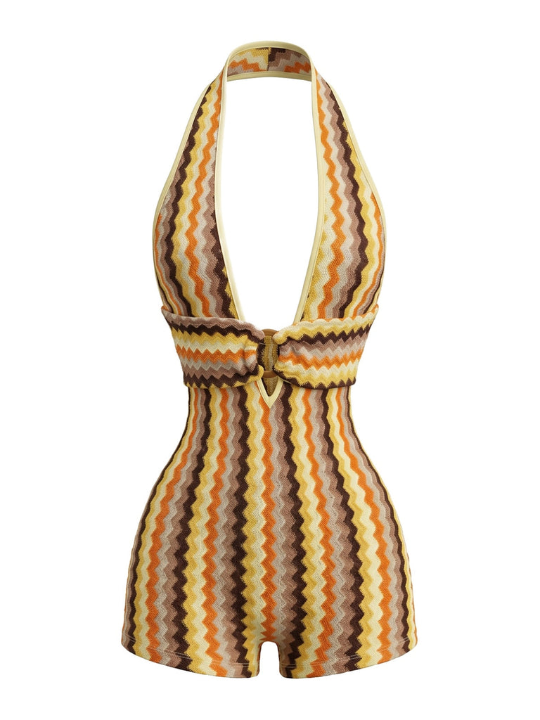 Combishort Dos-Nu Col V Profond Tricot Zig-Zag Multicolore Années 70