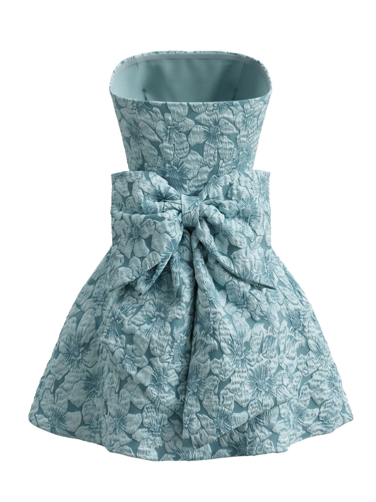 Robe Mini Bustier Nœud Dos Jacquard Floral Bleu années 60 3
