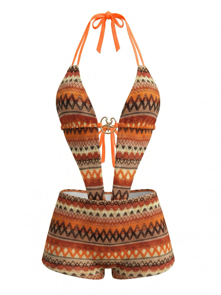 Maillot de Bain Bohème Plongeant Imprimé Irrégulier Vintage Années 1980 3
