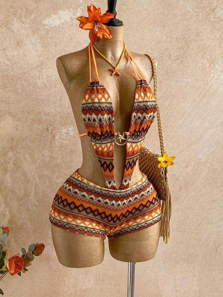 Maillot de Bain Bohème Plongeant Imprimé Irrégulier Vintage Années 1980 5