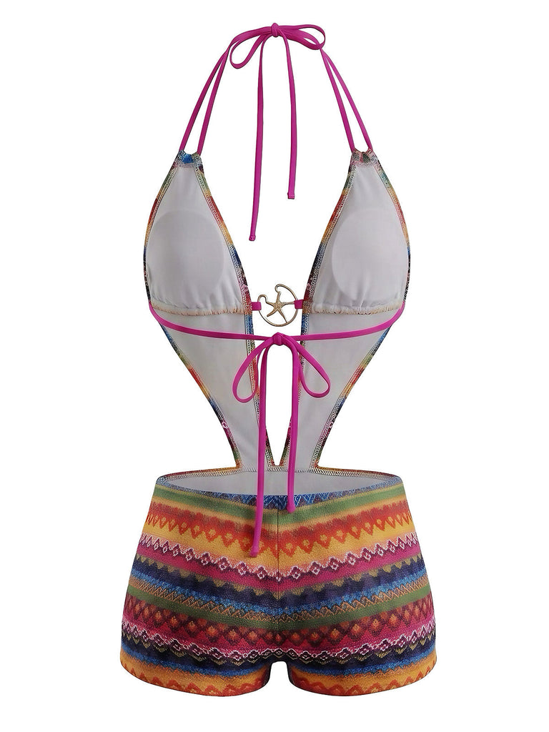 Maillot de Bain Bohème Plongeant Imprimé Irrégulier Vintage Années 1980 2