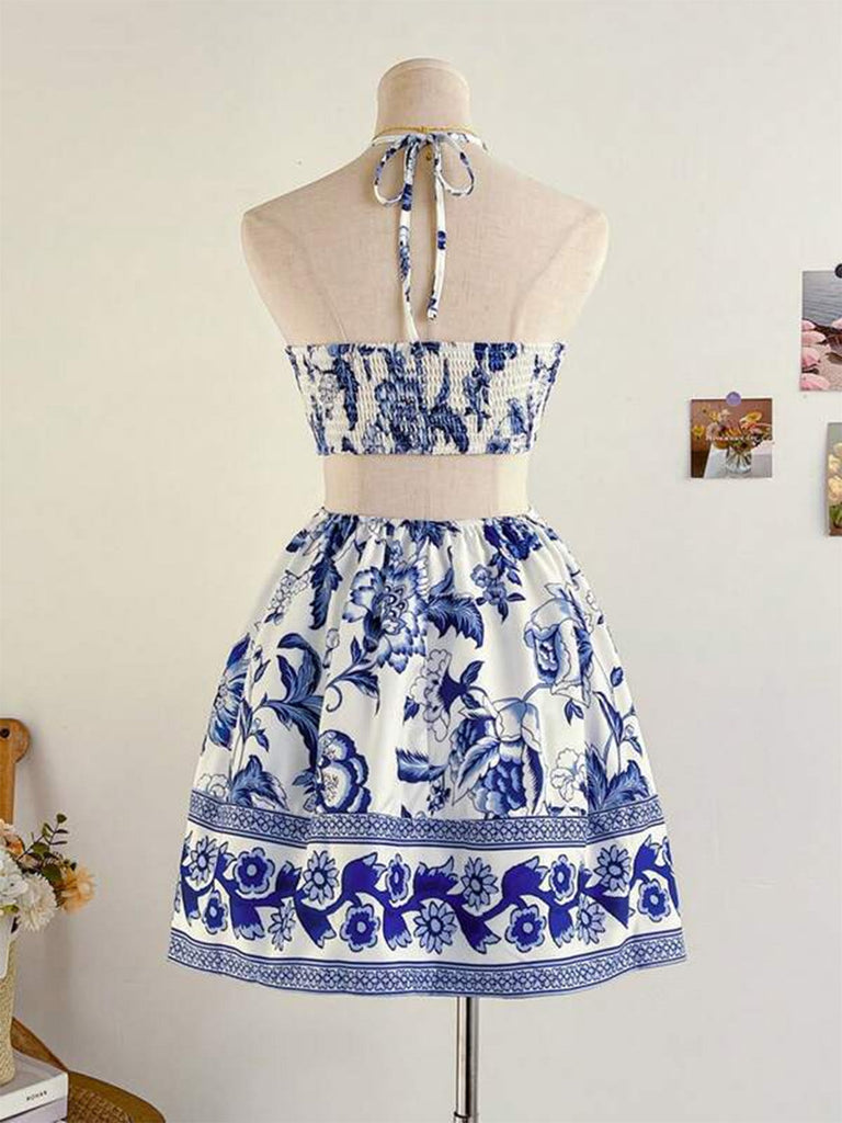 Robe Dos-Nu Ajourée Floral Bleu Cobalt Années 50