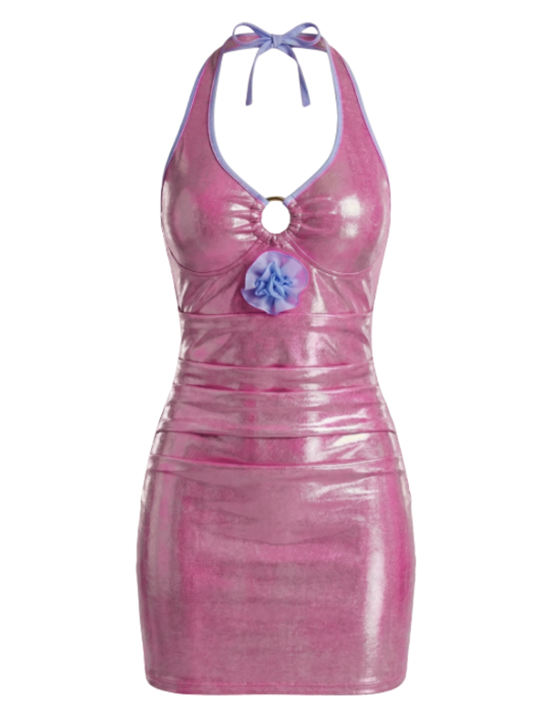 [Prévente] Robe Fleur 3D Métallique Rose Années 1970