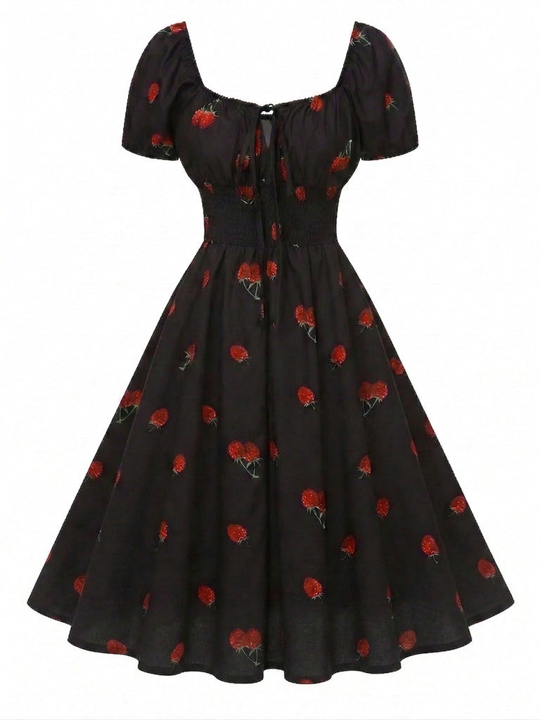 [Prévente] Robe noire imprimé cerises manches bouffantes années 1950