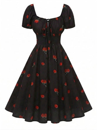 [Prévente] Robe noire imprimé cerises manches bouffantes années 1950