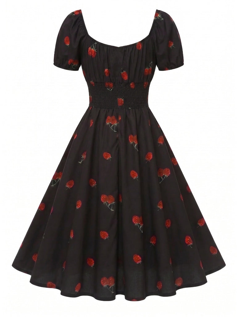 [Prévente] Robe noire imprimé cerises manches bouffantes années 1950