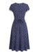 Robe bleu foncé dentelle florale et col V années 1940