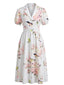 Robe col revers motif floral et colibri taille froncée années 50