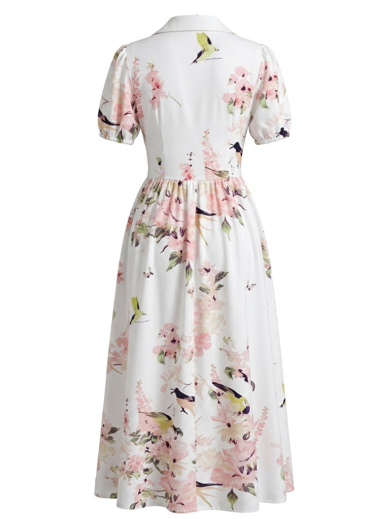 Robe Lapel Floral Hummingbird Imprimé Froncé Waist Années 1950 2