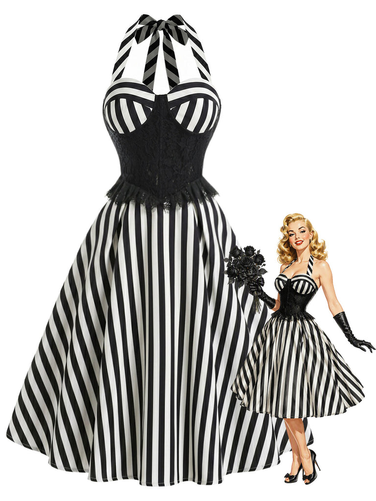 [Prévente] Robe Évasée Noire Dos-Nu Panneau Dentelle Rayé Années 1950