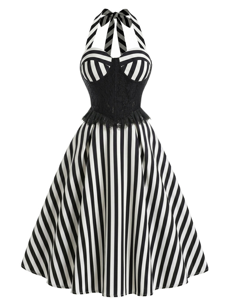 [Prévente] Robe Évasée Noire Dos-Nu Panneau Dentelle Rayé Années 1950 2