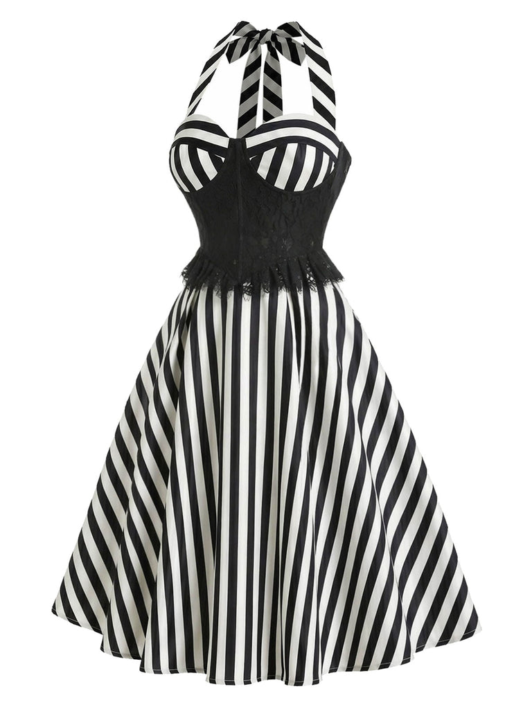 [Prévente] Robe Évasée Noire Dos-Nu Panneau Dentelle Rayé Années 1950 3