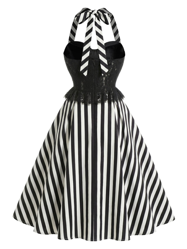 [Prévente] Robe Évasée Noire Dos-Nu Panneau Dentelle Rayé Années 1950 4