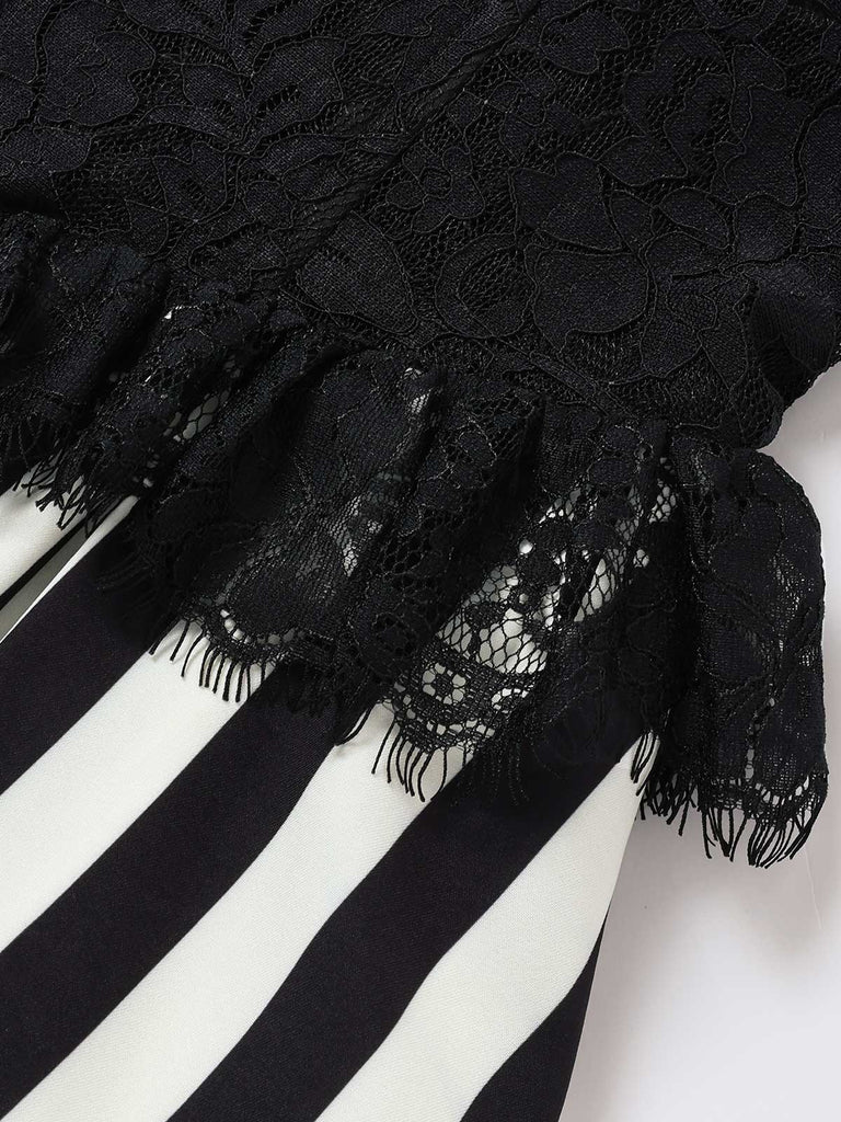 [Prévente] Robe Évasée Noire Dos-Nu Panneau Dentelle Rayé Années 1950 6