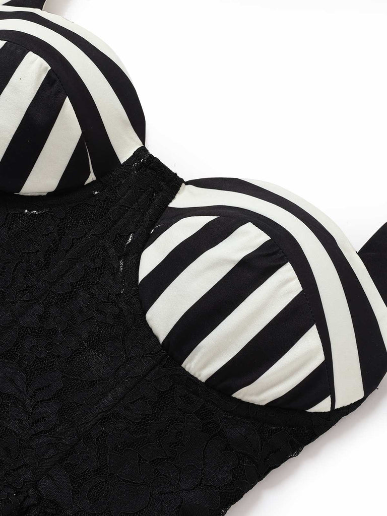 [Prévente] Robe Évasée Noire Dos-Nu Panneau Dentelle Rayé Années 1950 5