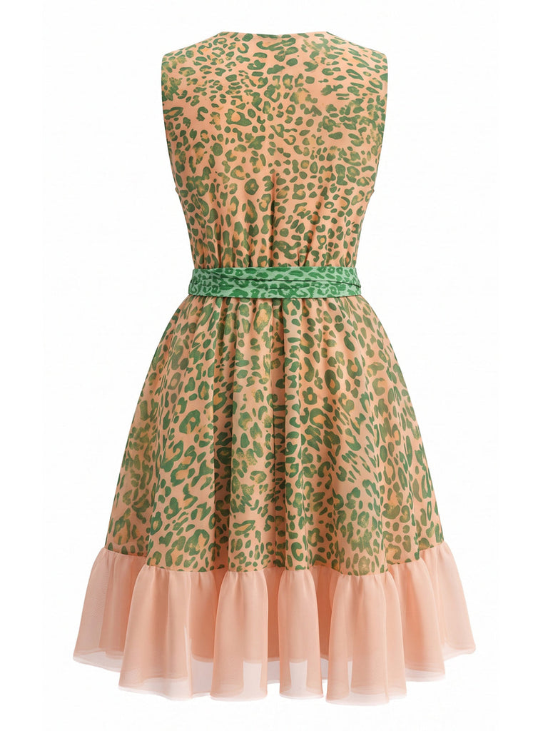 Robe en Tulle Sans Manches Col en V Ceinturée Léopard Vert années 50 2