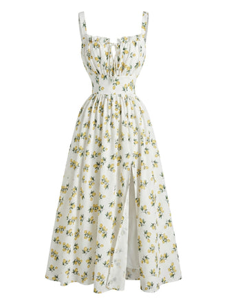Robe Col V Imprimé Citron Fendue Taille Haute Années 1950 2