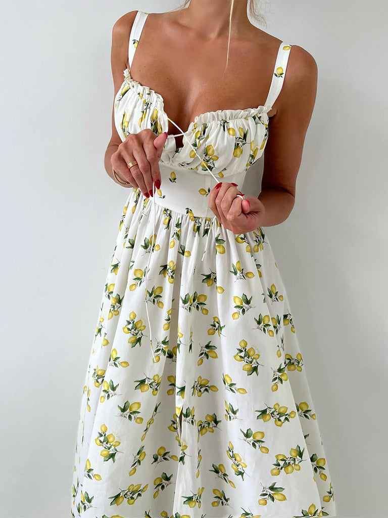 Robe Col V Imprimé Citron Fendue Taille Haute Années 1950 4
