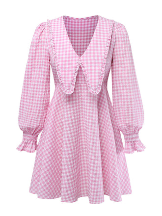 Robe à Revers Manches Bouffantes Volantées Vichy Rose Années 50