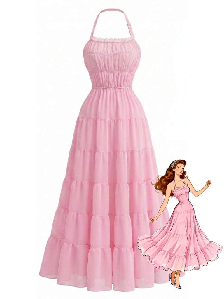 Robe Maxi à Étages Dos-Nu en Mousseline Froncée Années 70