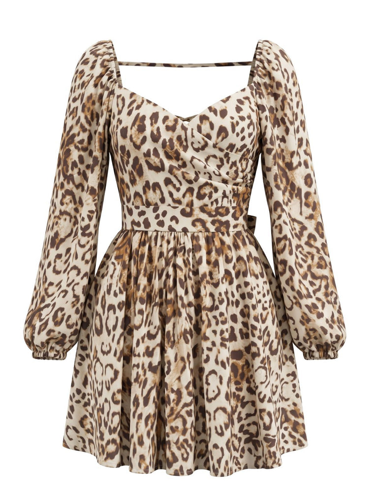 Robe Dos Nu à Manches Longues Col Carré Léopard Marron Années 1950 2