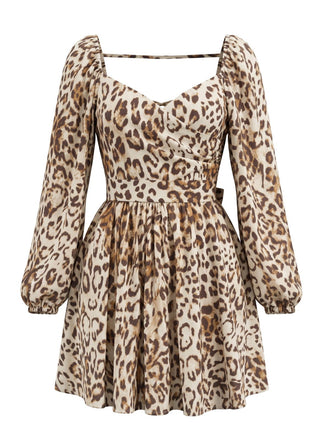 Robe Dos Nu à Manches Longues Col Carré Léopard Marron Années 1950 2