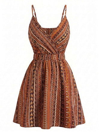 [Prévente] Mini-robe orange rayée bohème col V années 70