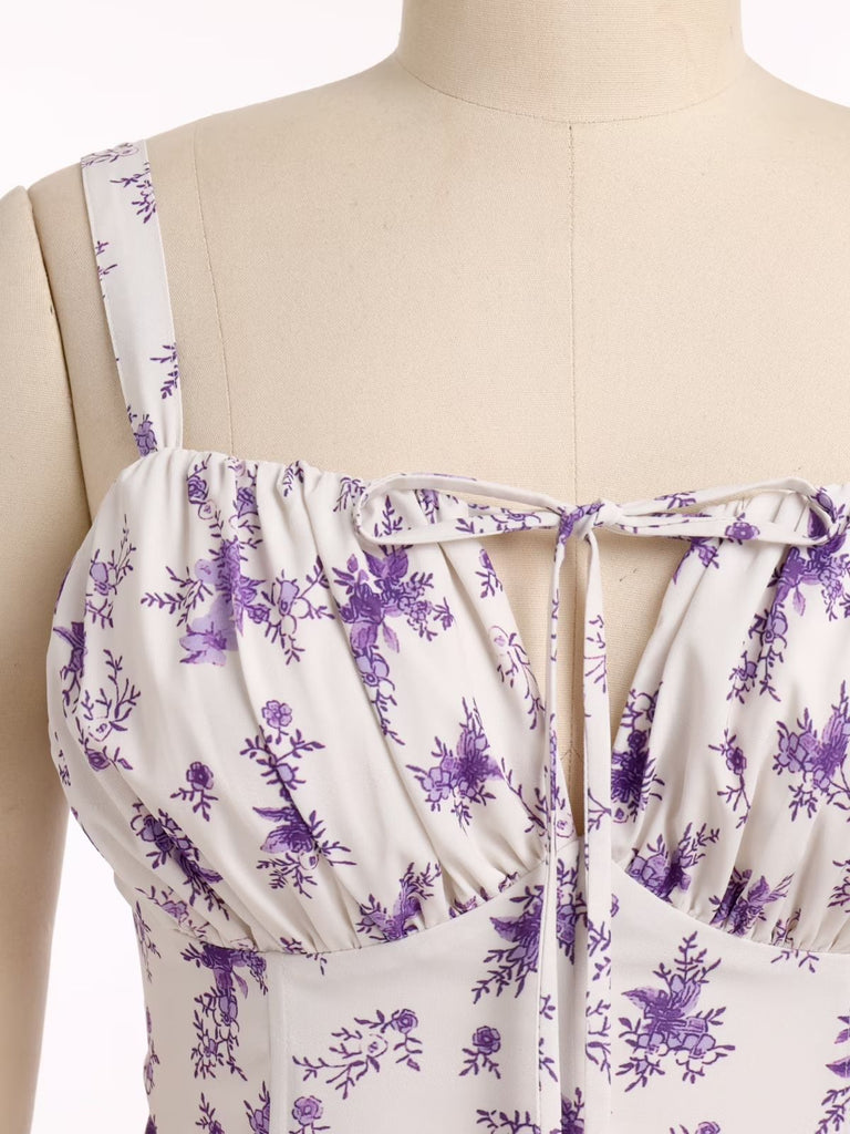 Robe Ligne A Mousseline Nouée Devant Bretelles Fines Floral années 40 9