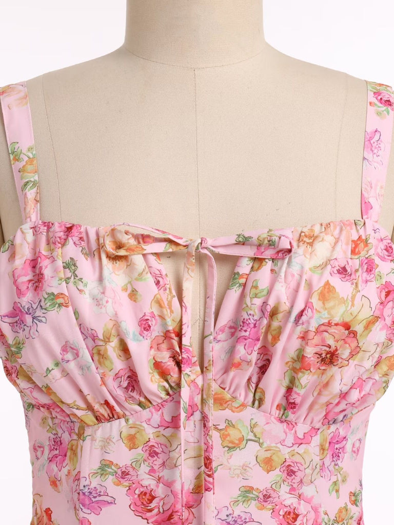 Robe Ligne A Mousseline Nouée Devant Bretelles Fines Floral années 40 3