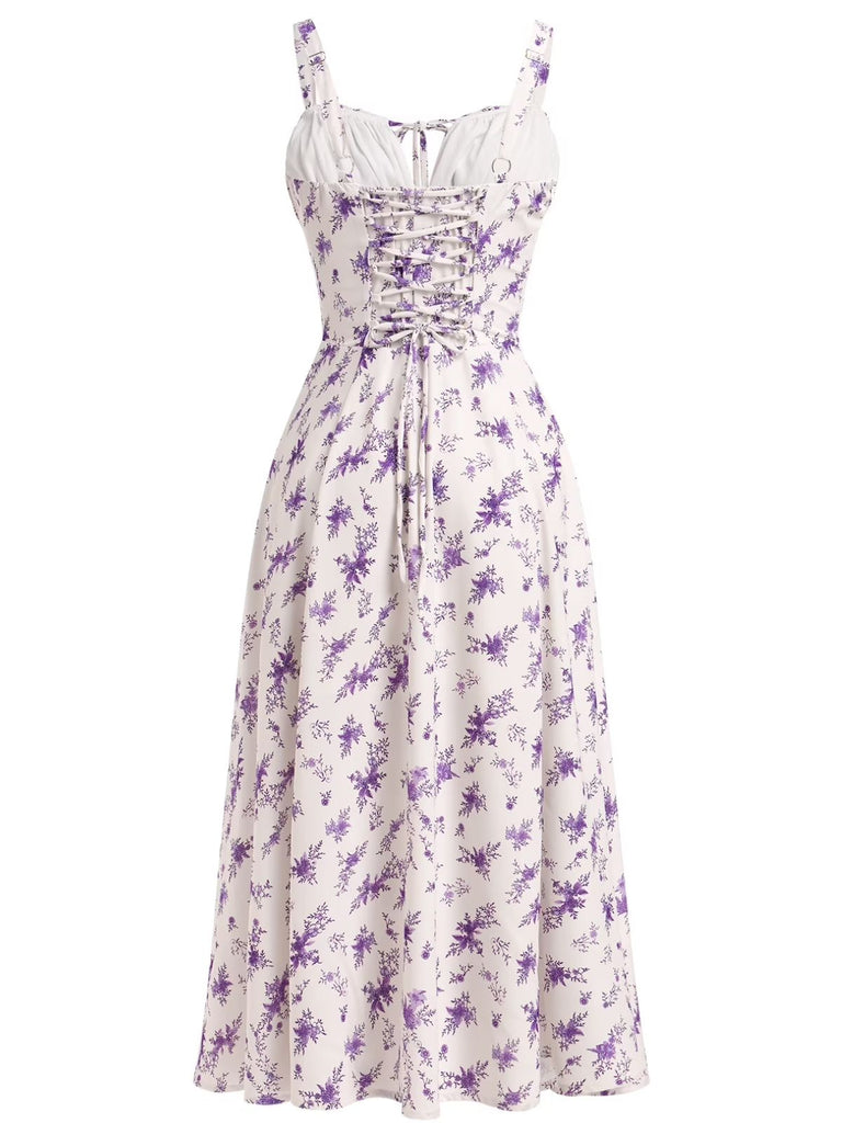 Robe Ligne A Mousseline Nouée Devant Bretelles Fines Floral années 40 8