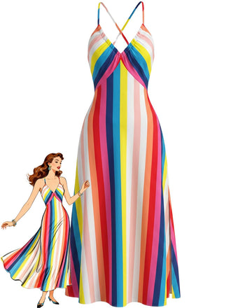 Robe Évasée à Bretelles Rayée Arc-en-Ciel Années 1930