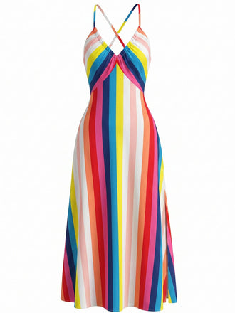 Robe Évasée à Bretelles Rayée Arc-en-Ciel Années 1930 2
