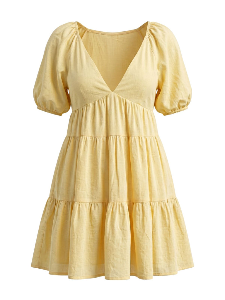Robe Babydoll Col V à Manches Bouffantes Jaune Années 1950 3