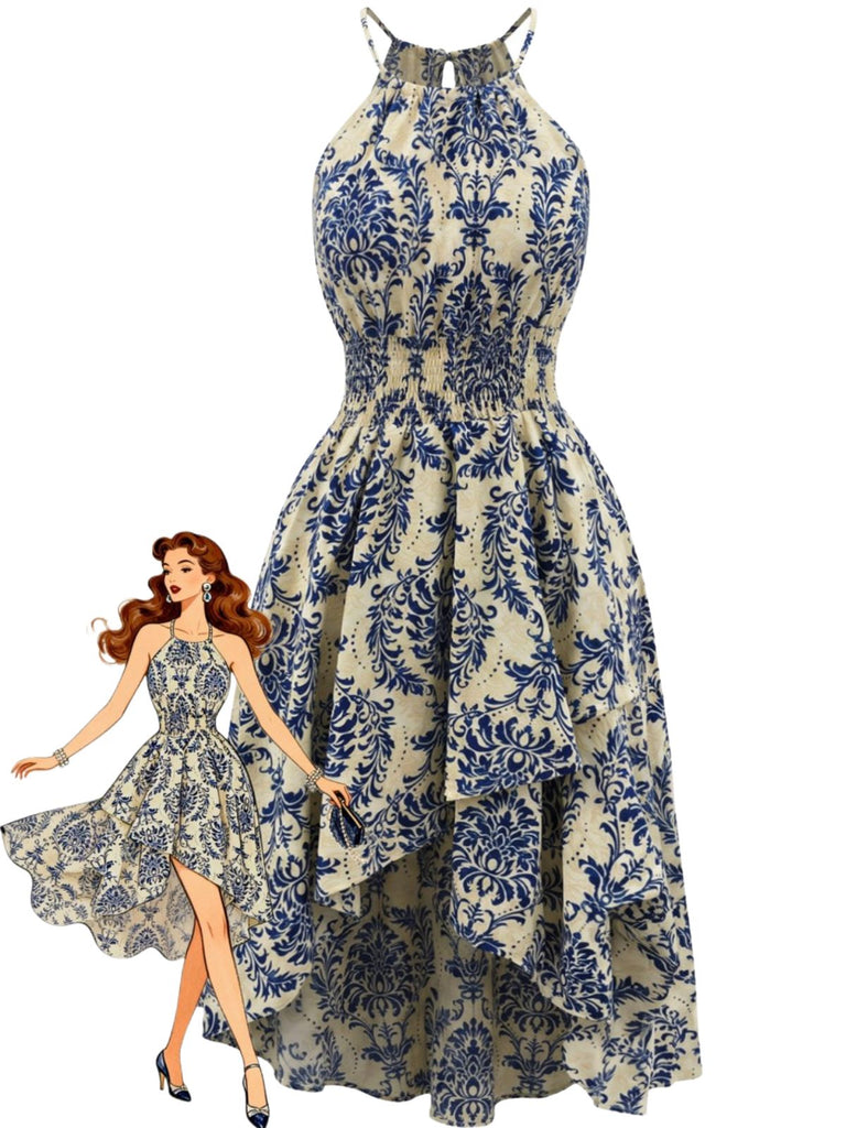 Robe Halter Florale avec Lien Bleue Années 1940
