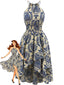 Robe dos nu bleue motif floral et liseré années 1940