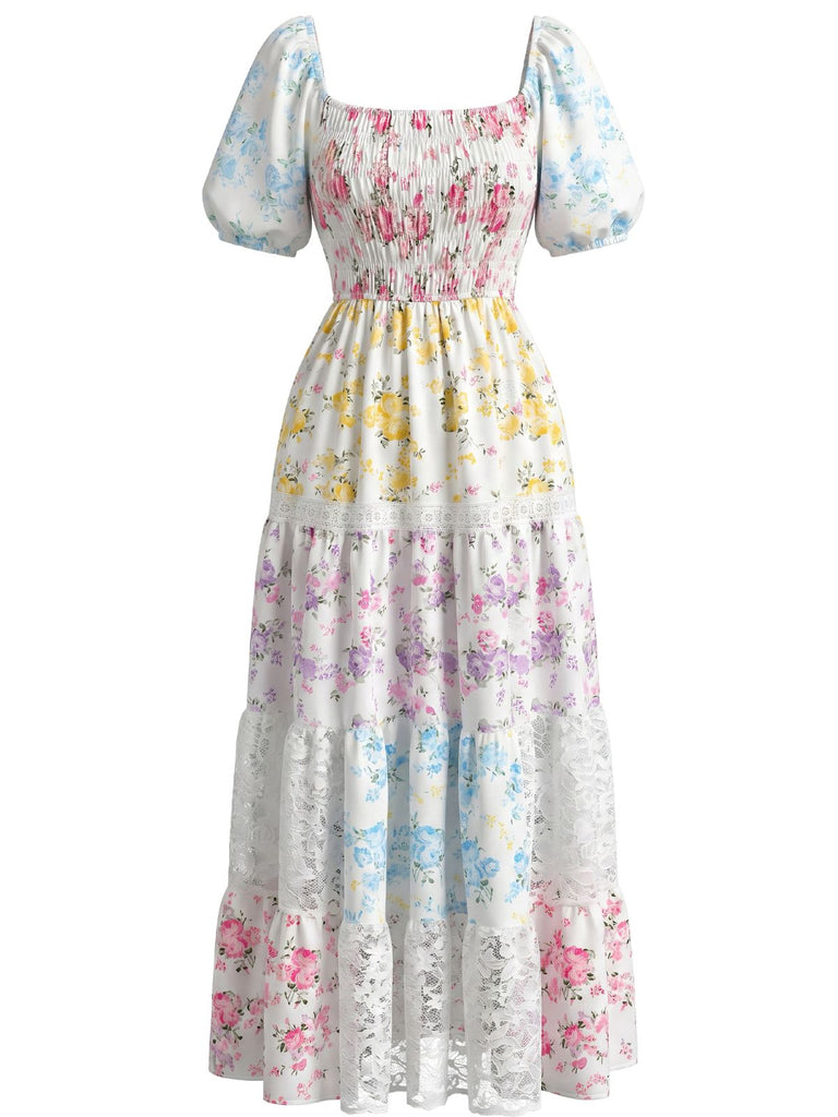 Robe Longue Plissée Patchwork Dentelle Florale Années 1930 2
