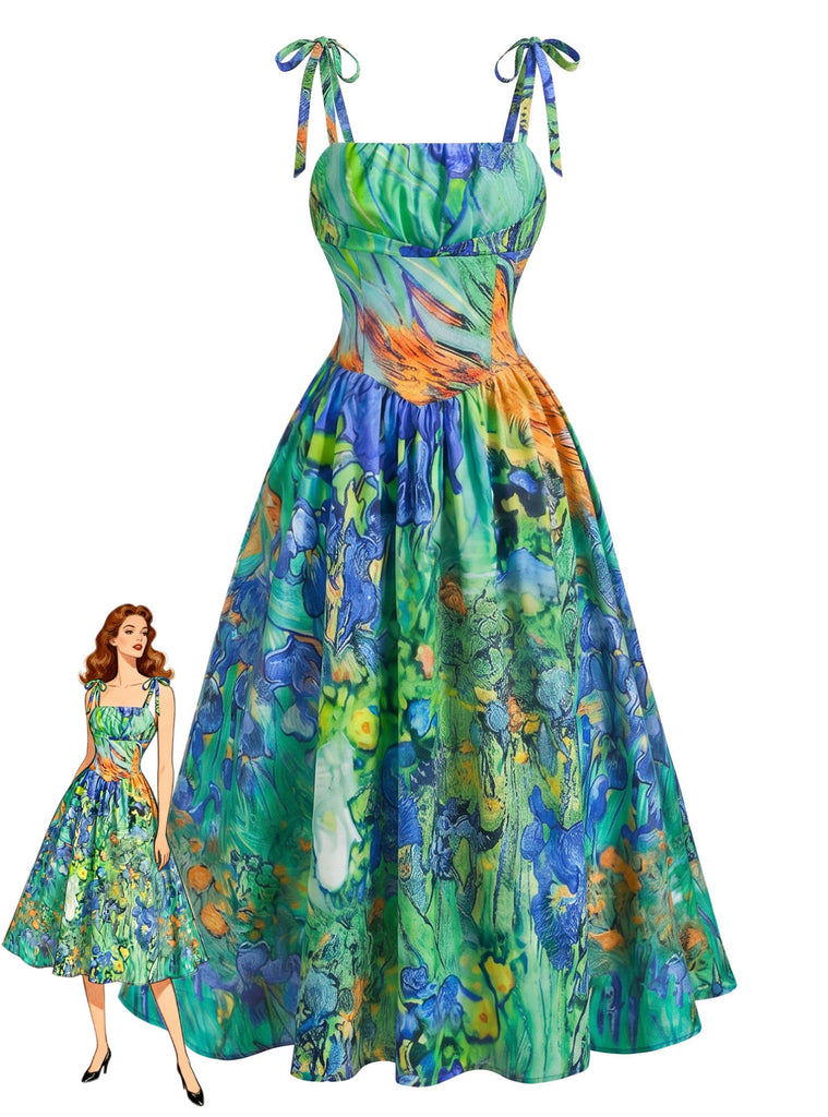 Robe à Bretelles Spaghetti Florale Peinture à l'Huile Verte Années 1950
