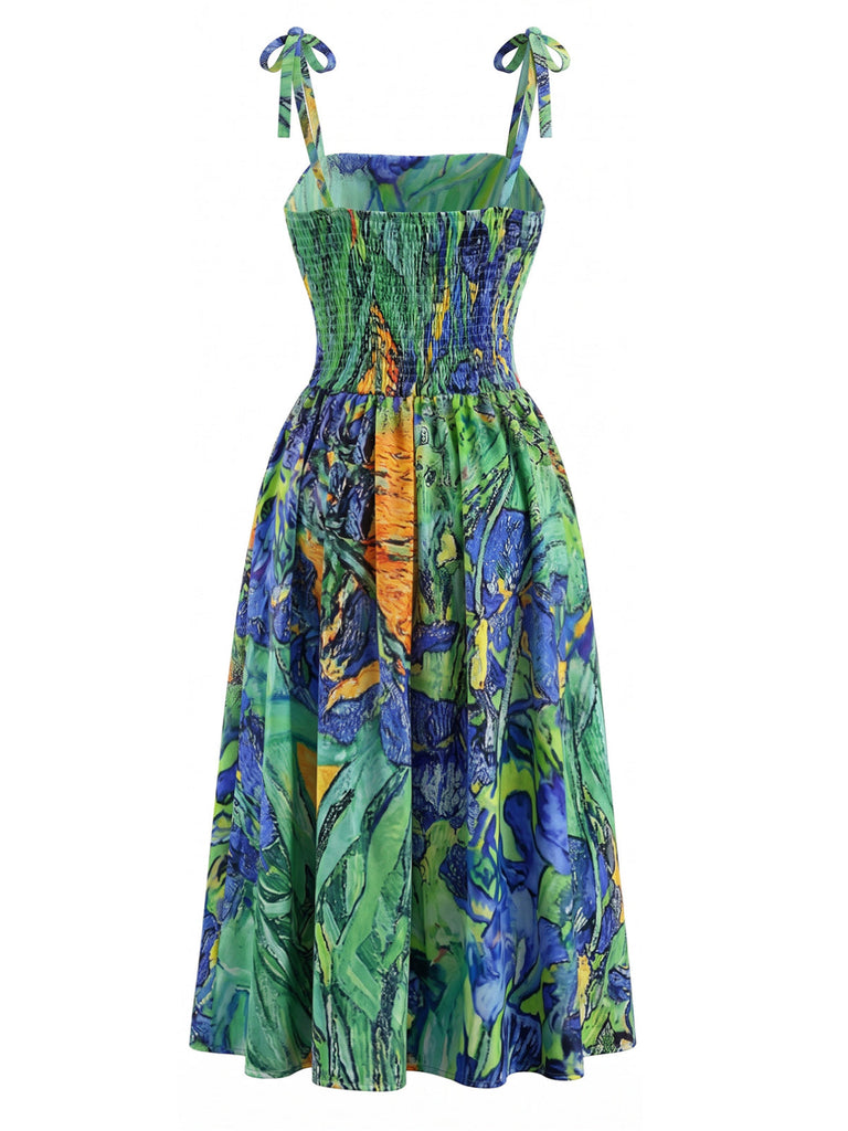Robe à Bretelles Spaghetti Florale Peinture à l'Huile Verte Années 1950 3
