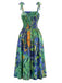 Robe à Bretelles Spaghetti Florale Peinture à l'Huile Verte Années 1950 3