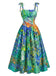 Robe à Bretelles Spaghetti Florale Peinture à l'Huile Verte Années 1950 2