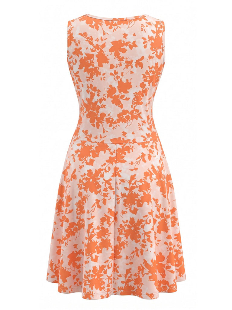 Robe Sans Manches Col V Imprimé Floral Orange Années 1970